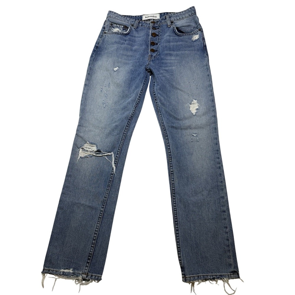 Reformation Winona Button Fly Jean Women 27 Blue Good Distressed Straight Leg